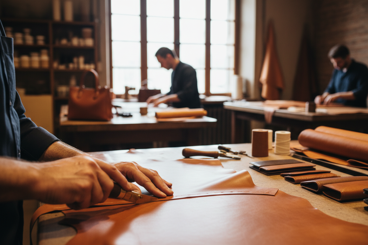 High-end leather craftsmanship scene, experienced artisans working with premium leather hides in a refined atelier, soft natural light, close-up on hands cutting and finishing leather, elegant tools, warm tones, atmosphere of tradition, precision and quality, luxury leather tanning workshop, timeless and authentic mood, realistic photography, shallow depth of field, no logos, no text. Image